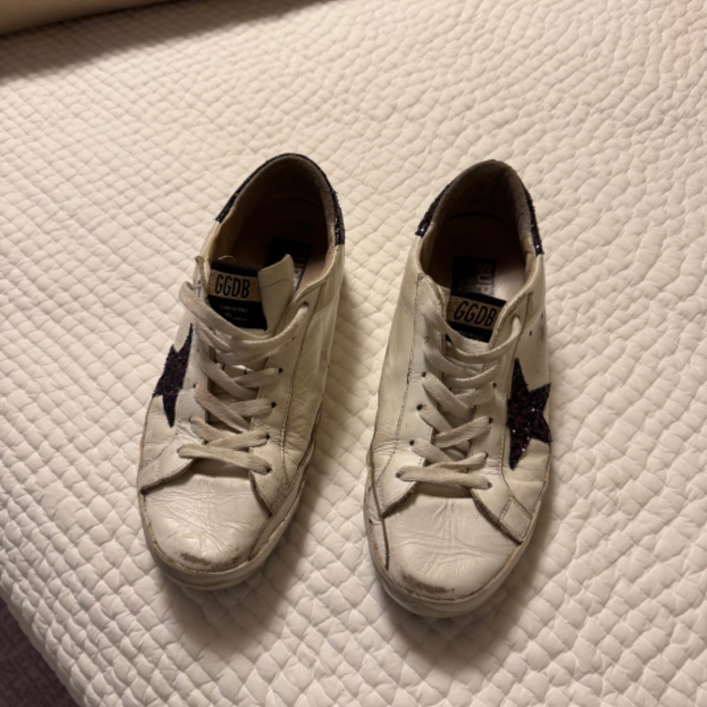 Golden Goose White Leather Sneakers with Black Glitter Star and Heel - Picture 4 of 12